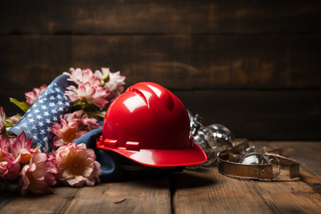 Helmet, glasses and a bouquet of flowers on a wooden background labor day conceptの素材