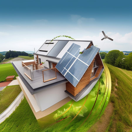 House with solar panels on the roof. 3D rendering image.の素材