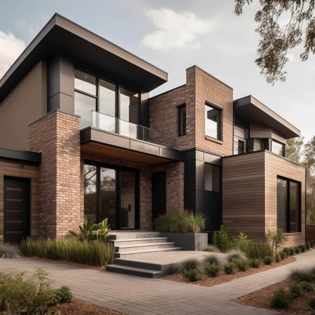 3d rendering of modern cozy house with garage and pool for sale or rent. Black and white colors.の素材