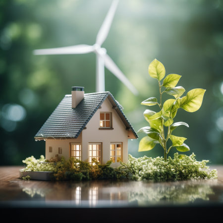 Miniature house and wind turbine on wooden table with green nature backgroundの素材