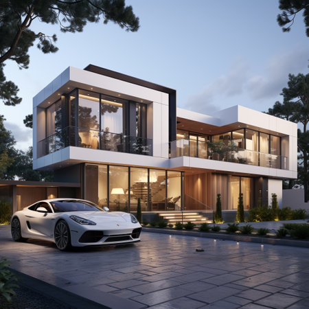 3d rendering of modern house with garage and pool for sale or rentの素材