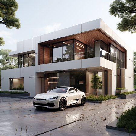 3d rendering of a modern luxury car in front of a houseの素材