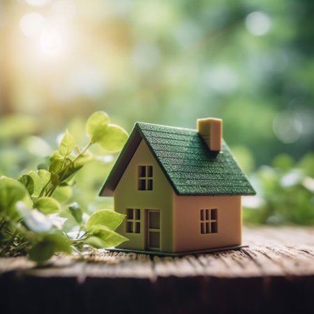 Miniature house with green leaves on wooden background. Real estate concept.の素材