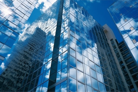 Reflection of modern skyscrapers in glass wall. Business backgroundの素材