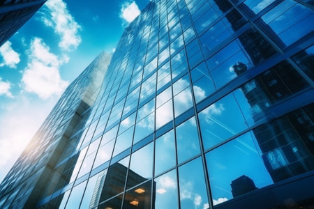Reflection of blue sky in glass wall of modern office building.の素材