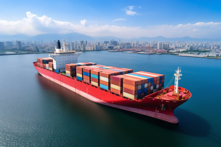 Container Cargo freight ship with working crane bridge for Logistic Import Export backgroundの素材