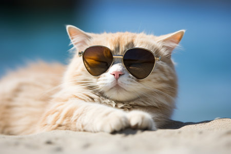 Portrait of a cat wearing sunglasses on the beach, summer timeの素材