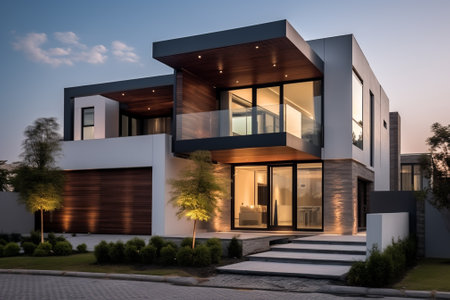 Modern Luxury Home Exterior with garden and pool at dusk.の素材
