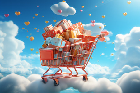 Shopping cart full of gifts against blue sky with clouds 3dの素材