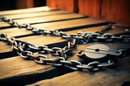 Chain and padlock on a wooden table, closeup of photoの素材