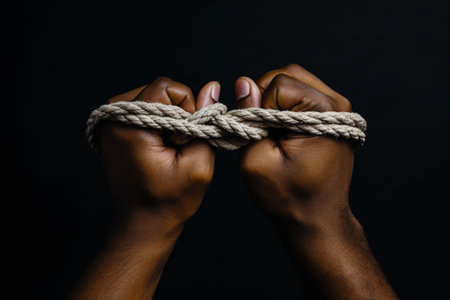 Close-up of hands tied with rope against black background with vignetteの素材