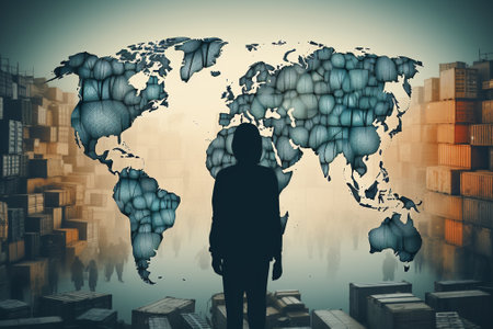 Silhouette of a businessman standing on the background of the world map. The concept of global business.の素材