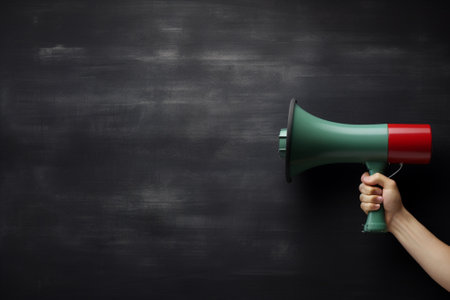 Hand holding megaphone on blackboard background. Copy space.の素材