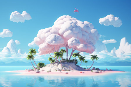 Beautiful island with palm trees and clouds in the ocean. 3d renderの素材