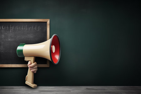Digital composite of Hand holding megaphone against blackboard with copy spaceの素材