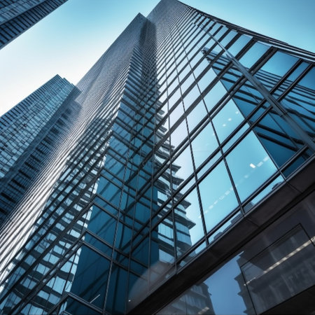 Low angle view of modern skyscrapers in business district in hongkongの素材