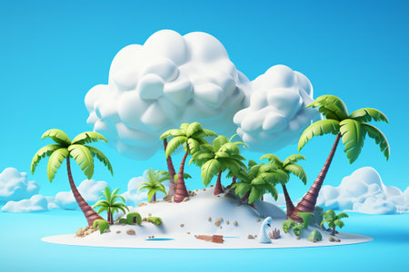 tropical island with palm trees and clouds. 3d render illustrationの素材