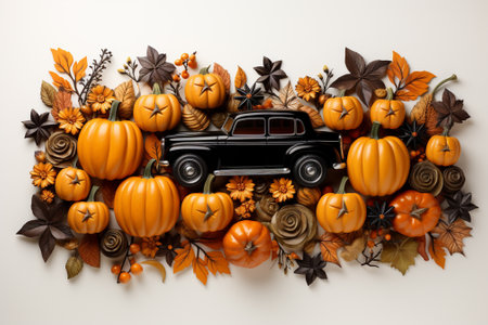 Halloween background with pumpkins, vintage car and autumn leaves.の素材