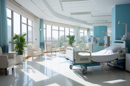 Interior of a modern hospital corridor with bed and stethoscopeの素材