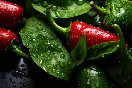 Fresh hot chili peppers with water drops on black background, closeupの素材