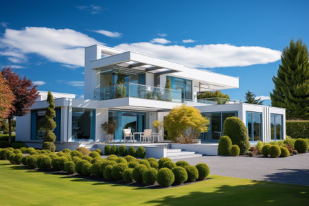 3d rendering of modern cozy house with pool and parking for sale or rentの素材