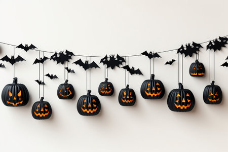 Halloween background with black pumpkins and bats hanging on white wallの素材