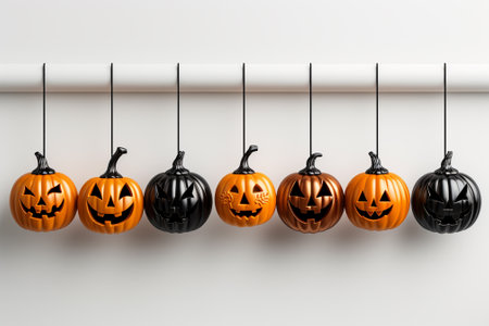 Halloween pumpkins hanging on a white wall. 3d renderingの素材