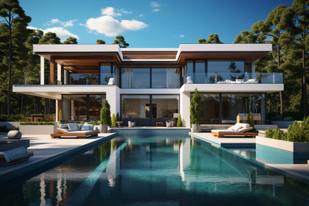 3d rendering of modern cozy house with pool and parking for sale or rent in luxurious style and beautiful landscaping on background. Clear sunny summer day with blue sky.の素材