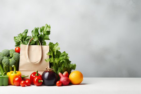 Composition with fresh vegetables and shopping bag on table against grey backgroundの素材