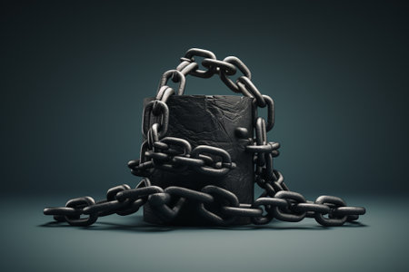 Conceptual image with a leather wallet and chains on a dark backgroundの素材