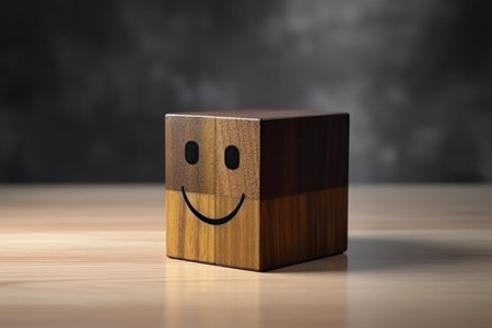 Smiling wooden cube with smiley face on wooden table. 3d illustrationの素材