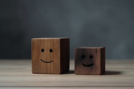 Wooden cubes with happy and sad faces on a wooden table.の素材
