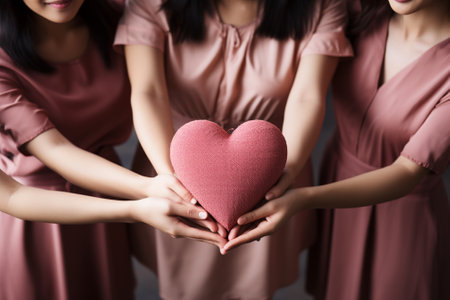 Cropped image of three women holding heart shaped pillow in their handsの素材