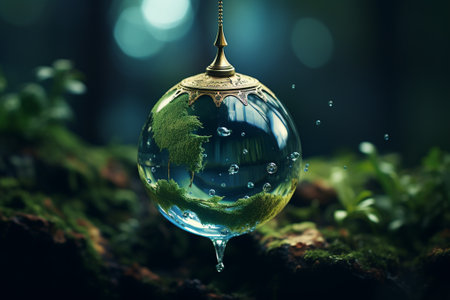 Glass globe with water drops on moss background. 3D Renderingの素材
