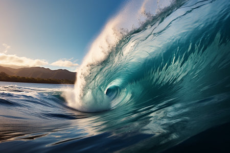 Surfing ocean wave at sunset. Blue ocean wave with white foamの素材