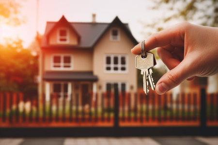 Real estate agent hand holding keys to new house with blurred background.の素材