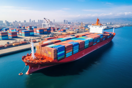 Container Cargo freight ship with working crane bridge for Logistic Import Export backgroundの素材
