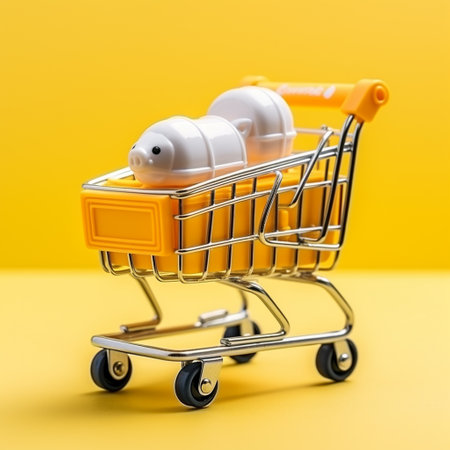 Piggy bank in a shopping cart on a yellow background.の素材