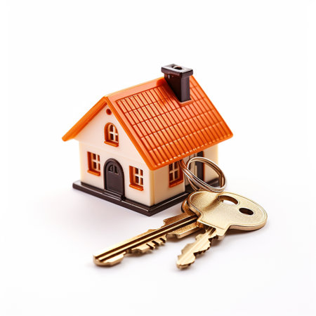 House with key isolated on a white background. Real estate concept.の素材