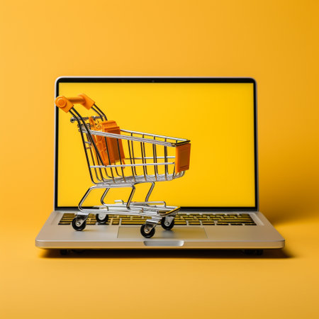 Laptop with shopping cart on yellow background. Online shopping concept.の素材