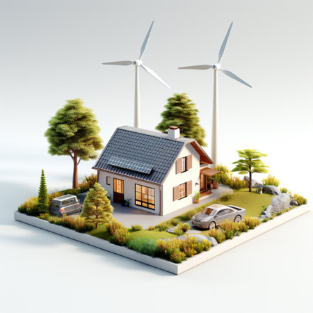 House with wind turbines and solar panels. Renewable energy concept.の素材