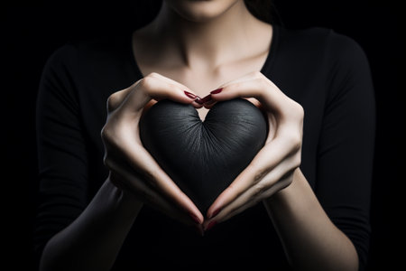 Close up of woman's hands holding heart shape on black background.の素材