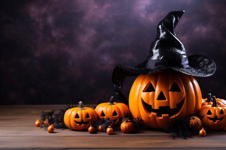 Halloween pumpkins and witch hat on wooden table with dark backgroundの素材