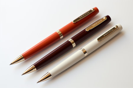Three pens isolated on a white background. Close-up shot.の素材