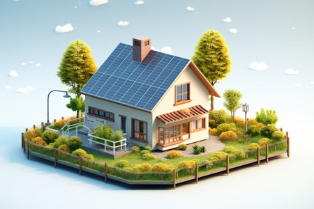 House with solar panels installed on roof. Alternative energy source concept.の素材
