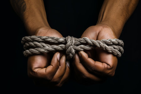 Closeup of hands tied up with rope, isolated on black backgroundの素材