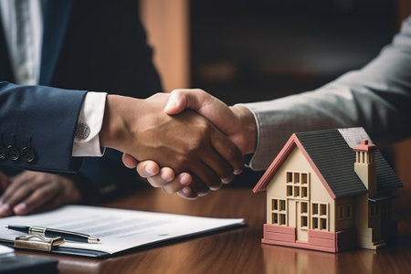 Real estate agent shaking hands with customer after signing contract to buy a house.の素材