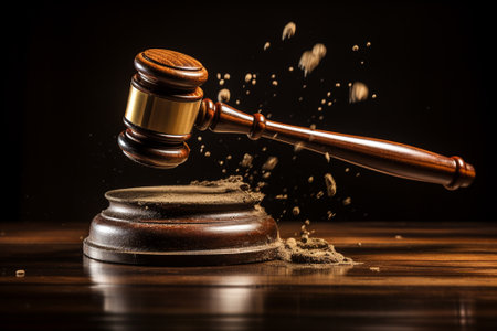 Judges gavel and sand on wooden table. Justice concept.の素材