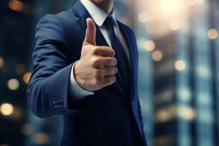 Business, people and technology concept - close up of businessman with thumbs up over office building backgroundの素材