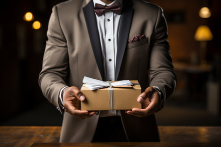 Cropped image of a man holding a gift box in a restaurantの素材